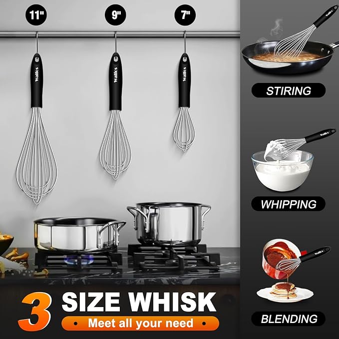 Stainless Steel Wire Whisk Set - 3 Packs Balloon Whisk, Thick Wire Wisk 竊?Strong Handles, Egg Frother for Cooking, Blending, Whisking, Beating and Stirring (7"+9"+11")