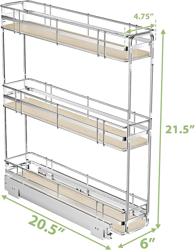 ROOMTEC 3-Tier Pull Out Cabinet Organizer Spice Rack for Narrow Cabinet 6" W x 20쩍" D, Slide Out Wood Shelves Storage for Kitchen