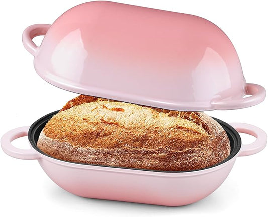 Onader Enameled Cast Iron Dutch Oven, 2.8QT Dutch Oven Pot with Lid for Sourdough Bread Baking, Oval Meatloaf Pan, Heavy Duty - Pink