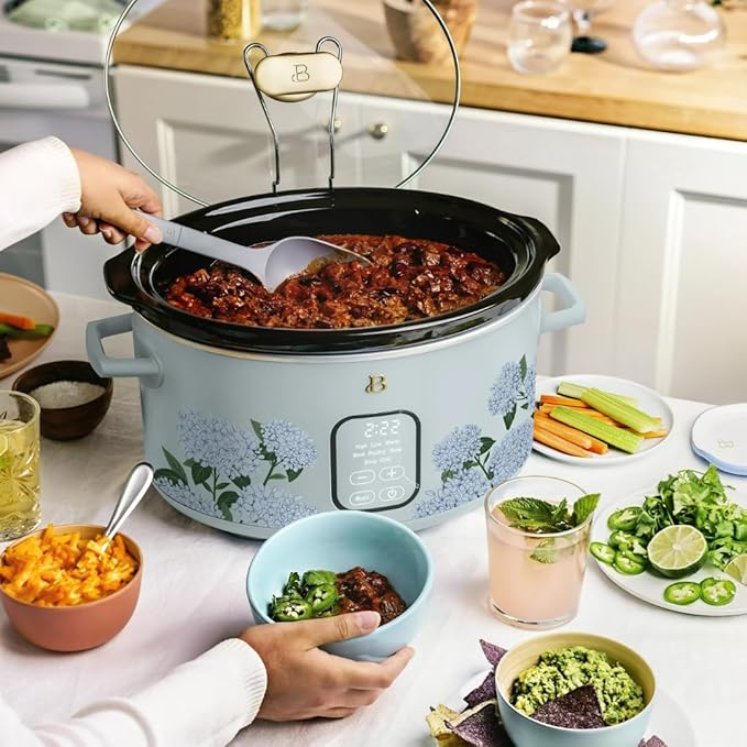 Beautiful 6 Quart Programmable Slow Cooker by Drew Barrymore ??Large Capacity, Ceramic Removable Pot, Tempered Glass Lid, Dishwasher Safe, Auto Keep Warm (Hydrangea Floral)