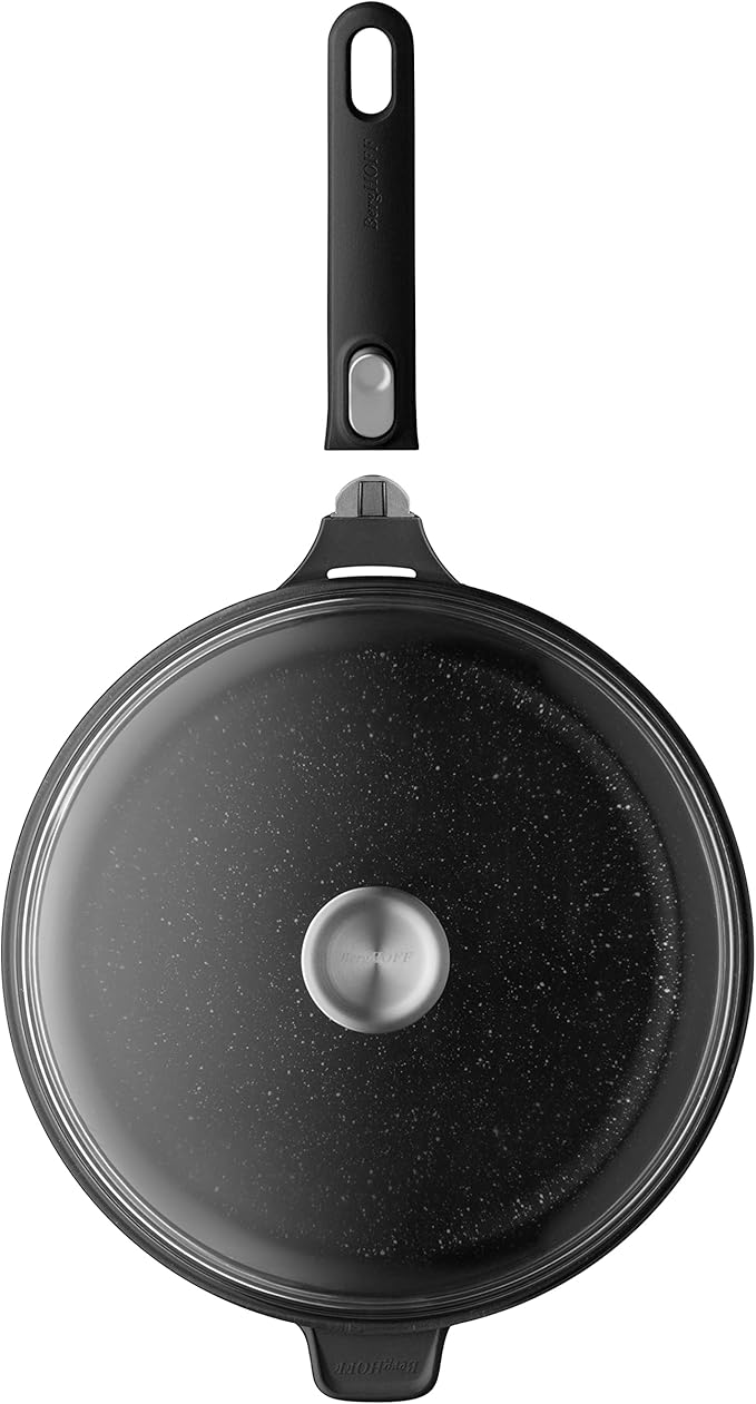 BergHOFF GEM Non-Stick 11" Saut챕 Pan 4.6qt., Stay-Cool Detachable Handle, Glass Lid, Ferno-Green, Non-Toxic Coating, Ovensafe