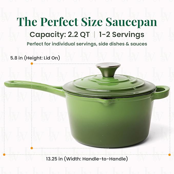 Larder & Vine Enameled Cast Iron Saucepan | 2.2 qt Sauce Pan with Lid | Saucepan with Pour Spouts | Enameled Cast Iron Pot Compatible on All Cooktops & Oven Safe to 500째 F | Okra