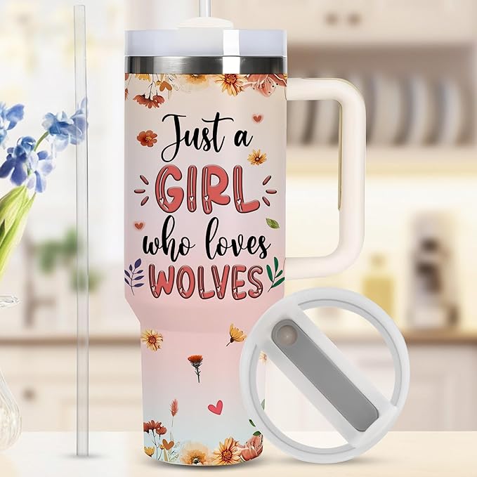 AGGLOMEKC Personalized Cute Wolf Cup - Mother's Day Birthday Gift For Animal Lovers - Just A Girl Who Loves Wolf Tumbler 40oz With Custom Name - Pet Lover Gifts For Women, Her