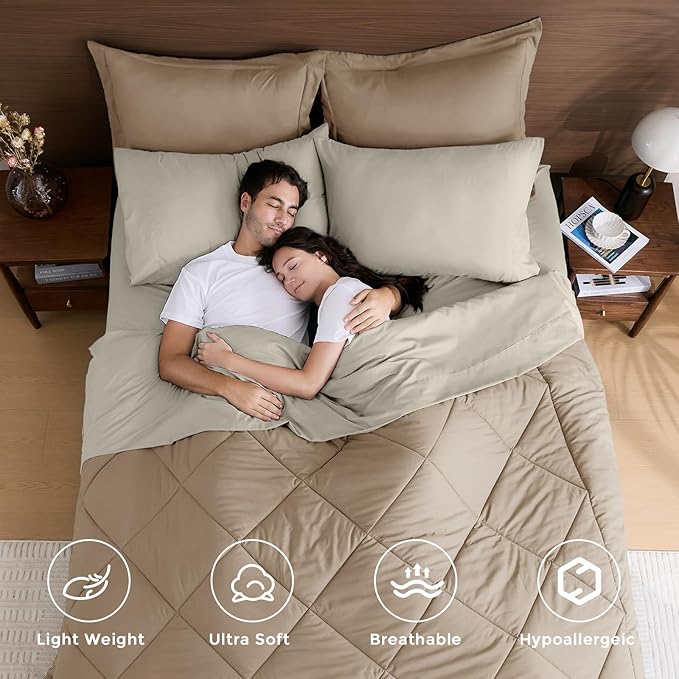 HEVUMYI Khaki & Linen Queen Comforter Set - 7-Piece All Season Bed in a Bag Queen, Ultra Soft Bedding Set with Comforter, Flat Sheet, Fitted Sheet, Pillowcases, Pillow Shams