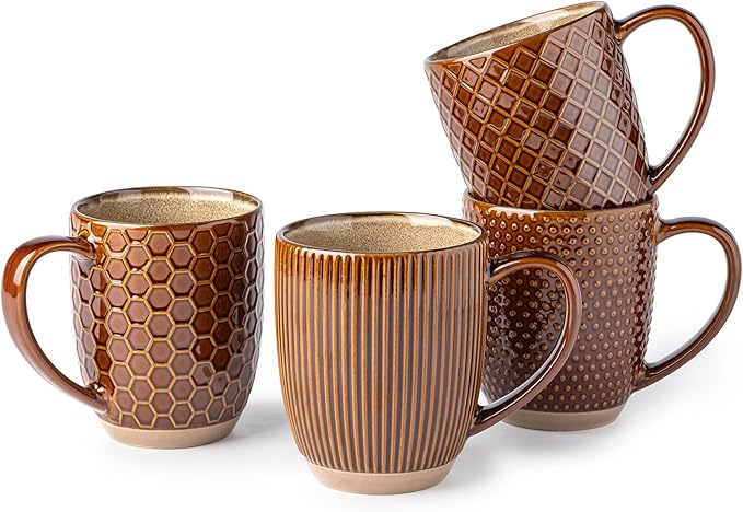 GBhome Large Coffee Mugs Set of 4, 16oz Handmade Embossed Coffee Mugs Set with Large Handle for Cappuccino/Latte/Tea/Hot Cocoa, Dishwasher & Microwave Safe, Caramel