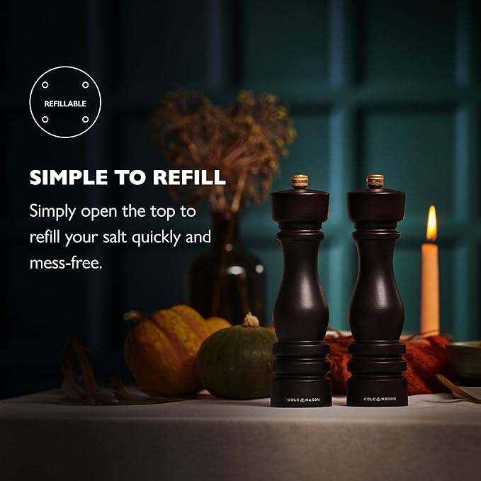 Cole & Mason London Refillable Spice Mill - Kitchen & Home Accessory - Table Salt Grinder - Salt Mill with Ceramic Mechanism - 8", Chocolate Wood