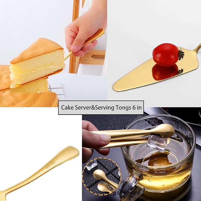 8 PCS Stainless Steel Serving Utensils, Large Serving Spoons Slotted Spoons, Forks, Ice Suger Tongs, Cake Server, Soup Ladle, Metal Utensils Set Great for Buffet Catering Banquet Party, Gold