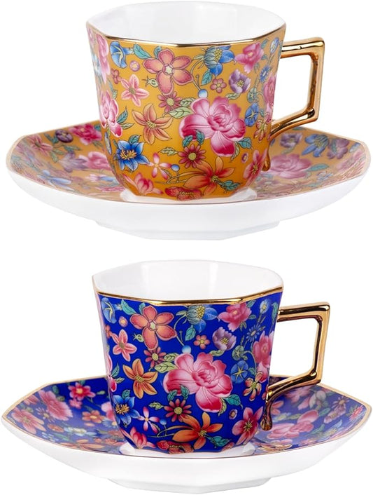 KAMMAK Tea Cups and Saucers Set of 2, Porcelain Coffee Cup with Saucer for Espresso, Cappuccino, 4.5oz Vintage Yellow and Blue Ceramic Novelty Mug for Home, Tea Party, Office