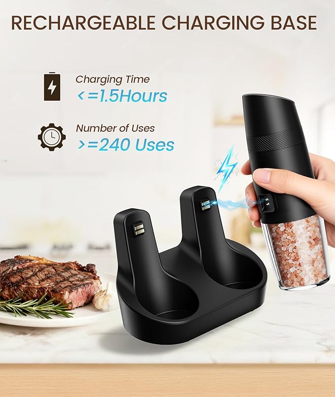 Ringco Gravity Electric Salt and Pepper Grinder Set with Charging Base, Automatic Gravity Salt and Pepper Mill with Adjustable Coarseness, LED Light, 135ml Large Capacity, Christmas Gift