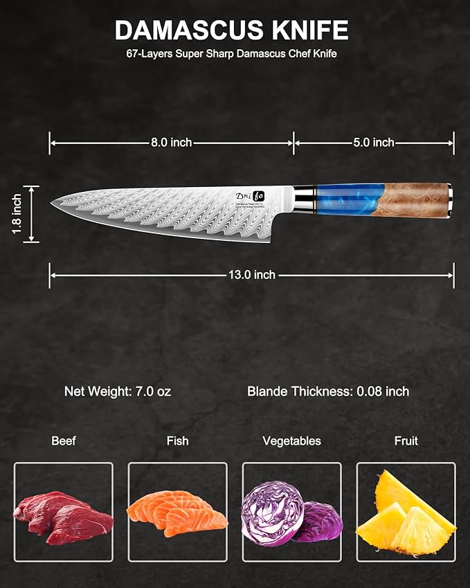 Damascus Chef Knife 8 Inch, Japanese Handcrafted Sharp Kitchen Knife with 67-Layer Damascus Steel & VG10 Core, Blue Resin & Natural Birch Wood Handle, Unique Ideal Christmas Gift for Family & Friends