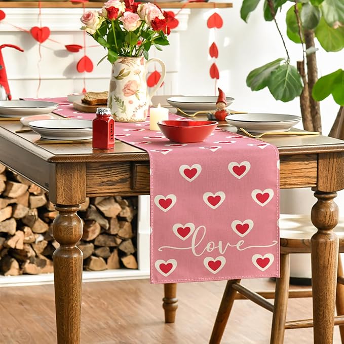 Artoid Mode Pink Love Hearts Valentine's Table Runner, Wedding Kitchen Dining Table Decoration for Home Party Decor 13x72 Inch
