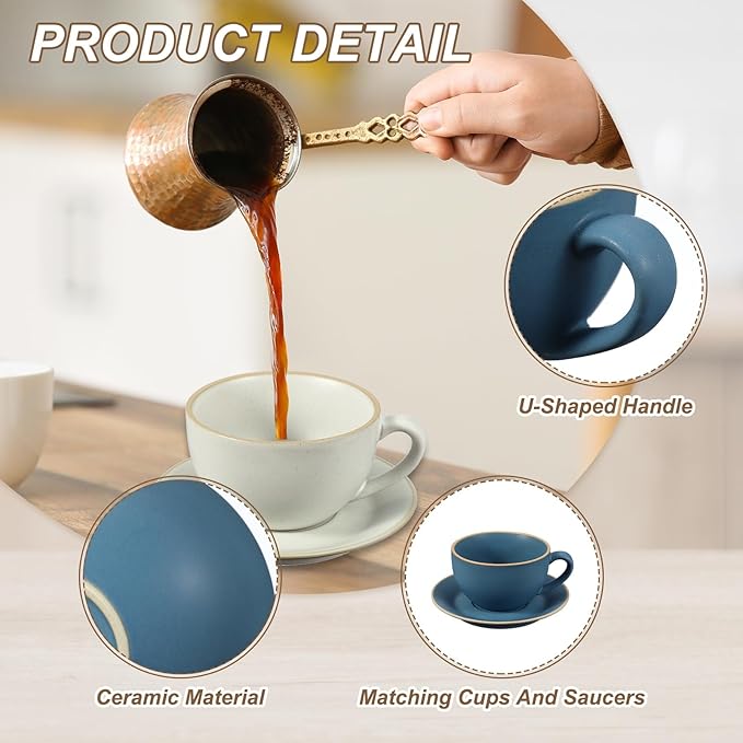 uxcell Handmade Vintage Espresso Cups, 3 oz Coffee Cups and Saucers Ceramic Tea Cup with Handle Dishwasher and Microwave Safe for Latte Cappuccino Milk Office Home Gifts, Morandi Blue
