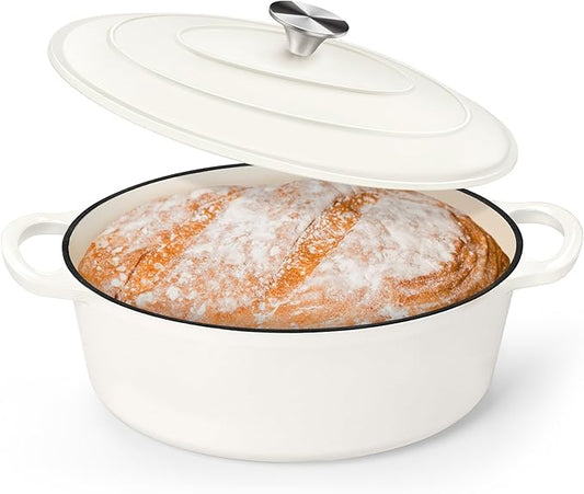 P&P CHEF Oval Dutch Oven with Lid, Enameled Cast Dutch Oven Pot for Bread Baking, Braising, Stewing, Roasting, Non-Stick & Oven Safe, Dual Handles & Easy Clean, 5QT & White