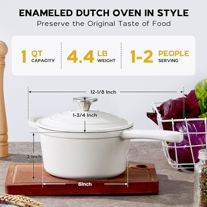 Onader 1QT Sauce Pan, Enameled Cast Iron Saucepan Dutch Oven Pot with Lid, Small Cooking Sauce Pot, Nonstick & Oven Safe ??White