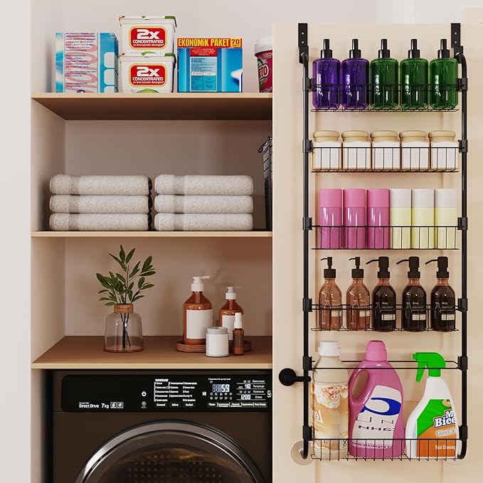 Black Over the Door Pantry Organizer 8 Tier, Adjustable Basket Pantry Door Organizer and Storage, Heavy Duty Metal Kitchen Hanging Spice Rack (D5xW19xH50 Inches)