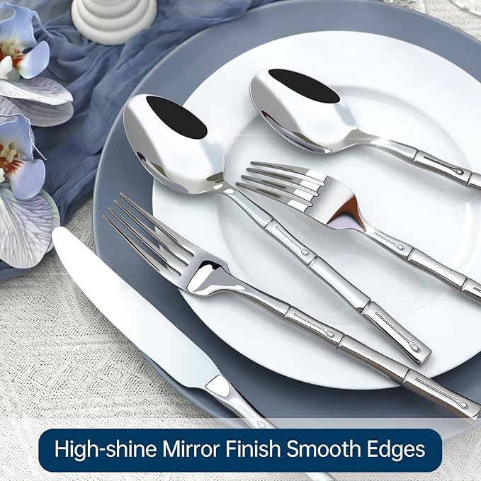 Silverware Stainless Steel Flatware Set Silver Bamboo Pattern Cutlery Set, 5-Piece Service for 1