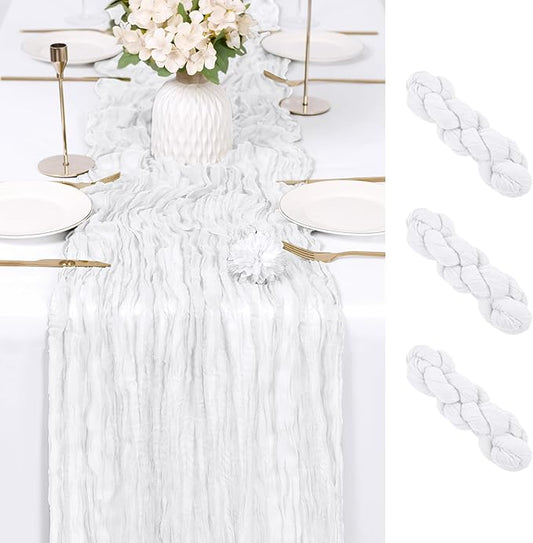 RealBox 3 Pack White Cheesecloth Table Runner 17x108 Inch Semi Sheer Boho Gauze Cheese Cloth Fabric Table Runners Table Decor for Wedding Party Baby Shower Birthday Home Decor Garden Farmhouse