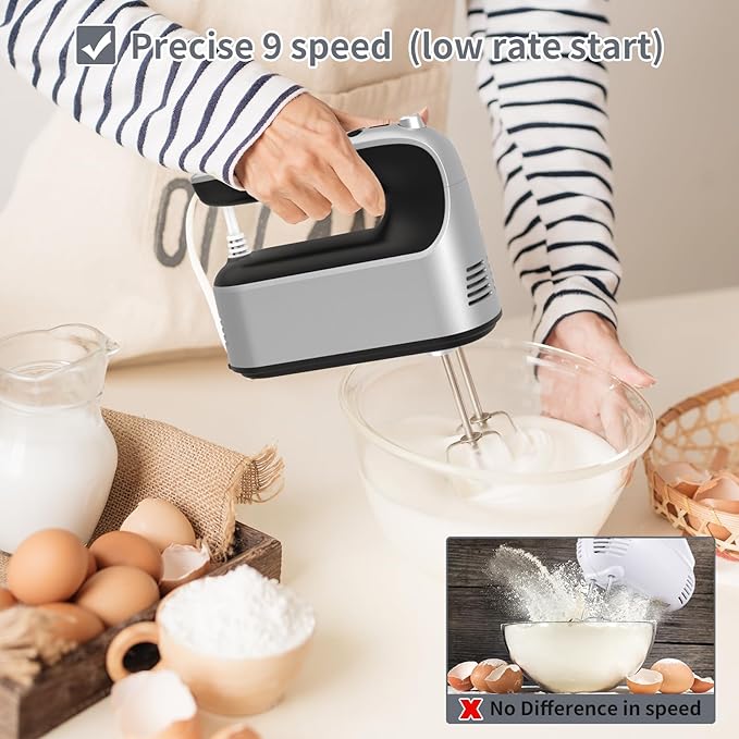 9-Speed Digital Hand Mixer Electric, 400W Powerful DC Motor, Baking Electric Handheld with Snap-On Storage Case, 5 Stainless Steel Accessories, Flat Beaters, Dough Hooks, Whisk(Silvery Black)