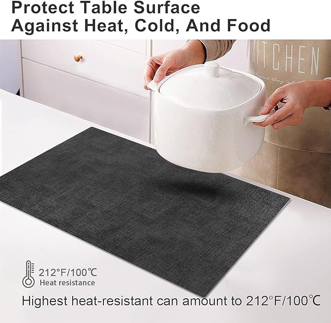 LANDVIEW Leather Heat Resistant Placemats Set of 6 Waterproof Wipeable Washable PU Table Mats,Easy to Clean Anti-Slip Place Mats (Dark Grey, 6)