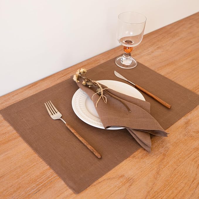 KNOKNO Home Pure Hemp Placemats 18 x 12 Inch Set of 4 Handcrafted with Mitered Corners Natural Fabric,Machine Washable Table Mats for Dining Tables (Chocolate Brown, Placemats | Set of 4)