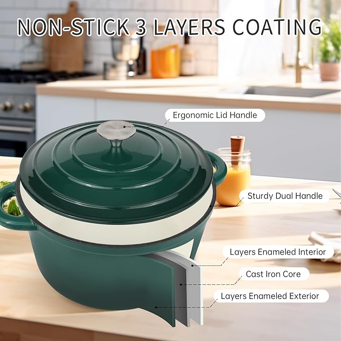 6 Quart Enameled Cast Iron Dutch Oven Pot with Lid, Oven Safe up to 500째F or on Stovetop, Non-stick Dutch Oven for Bread Baking, Cooking, Dual Handles Cookware, Green