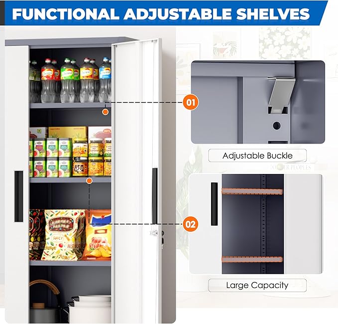 INTERGRAET 63" Tall Pantry Cabinet,Kitchen Pantry Storage Cabinets with 2 Doors and 4 Shelves,Gray White Metal Storage Cabinet,Cupboard for Home,Kitchen,Living Room/Dining