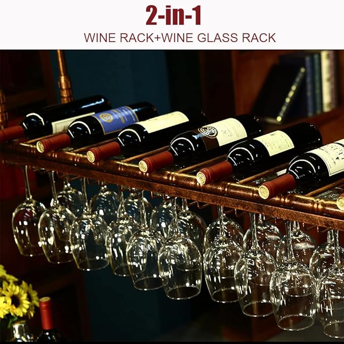 Rustic Wine Rack Wall Mounted with Glass Holder, Adjustable Hanging Bar Wine Glass Rack Ceiling, 47.2in Bottle Holder Wine Shelf Shelves, Perfect for Bar Kitche