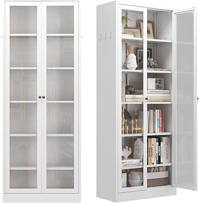Kitchen Pantry Cabinet, 72" Tall Pantry Storage Cabinet with Adjustable Shelves and Glass Doors, Metal Storage Cabinets with Handle for Living Room, Kitchen, Assemble Required (White)