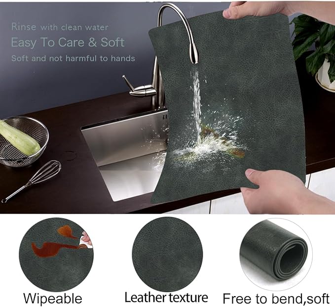 Faux Leather Dining Placemats with Rounded Corners-Set of 4,Washable&Wipeable Place Mats,Waterproof&Stain Resistant Table Mats,Heat-Resistant,Non-Slip for Kitchen(Black-Grey)