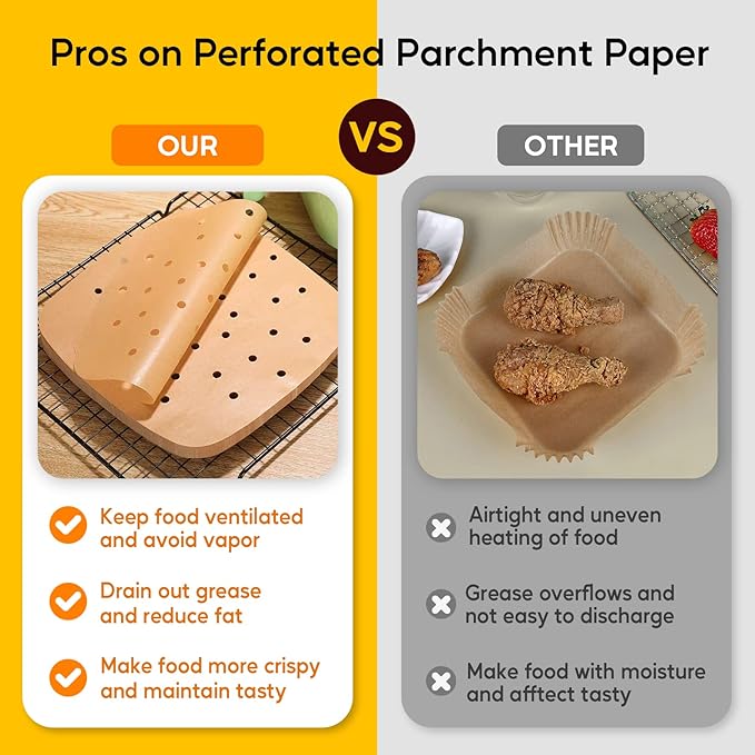 Katbite 200Pcs 8.5 inch Air Fryer Parchment Paper Liners, Unbleached Air Fryer Paper Liners Disposable竊똍on-Stick & Heavy Duty Square Perforated Parchment Paper for Steamer, Oven, Air Fryer