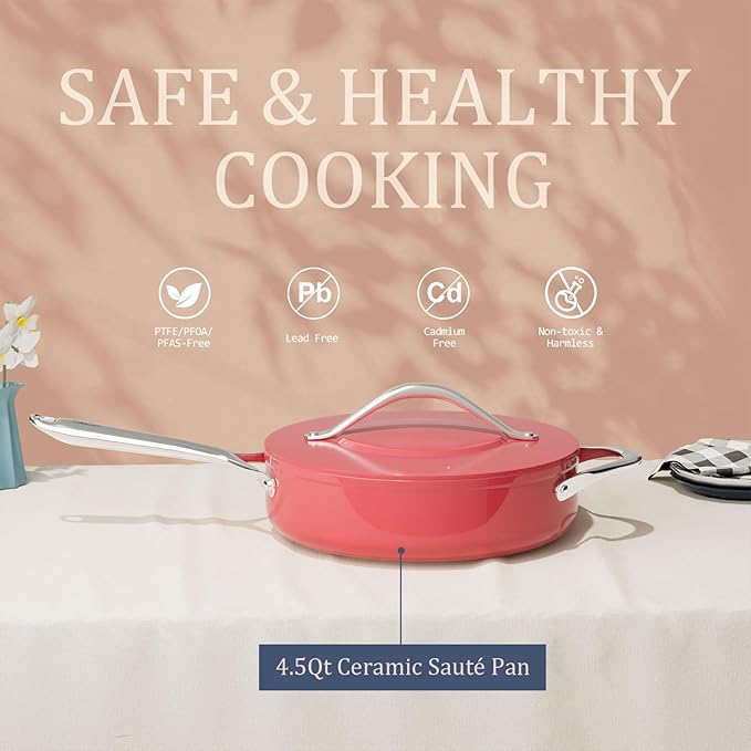Nonstick Ceramic Saut챕 Pan with Lid (4.5 qt, 11") Deep Frying Pan for All Cooktops Non Toxic Skillet PTFE/PFAS Free Dishwasher & Oven Safe up to 500째F w/Stainless Steel Handle, Fusion Red