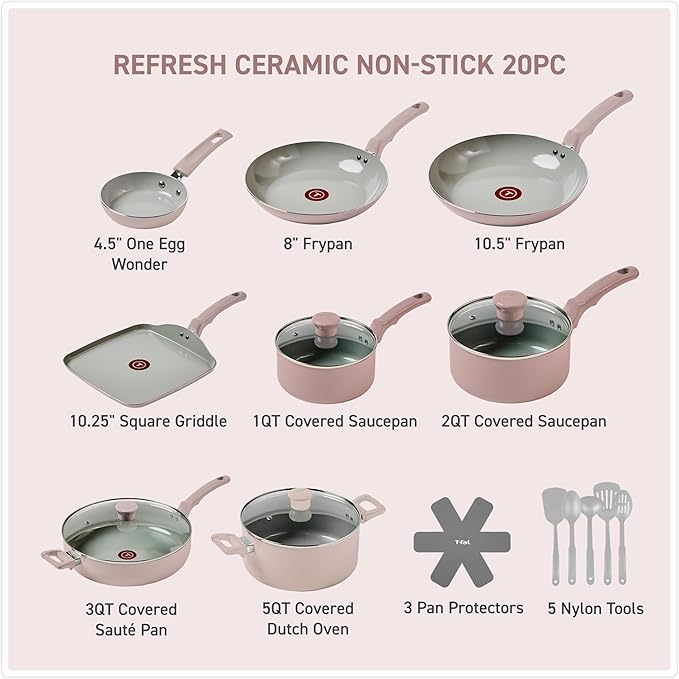 T-Fal Refresh Ceramic Pots and Pans Set, Nonstick Cookware, 20-Piece, Oven Safe to 350째F, Ceramic Cookware Set, Stockpot, Griddle, Frying Pans, Utensils, Dusty Rose