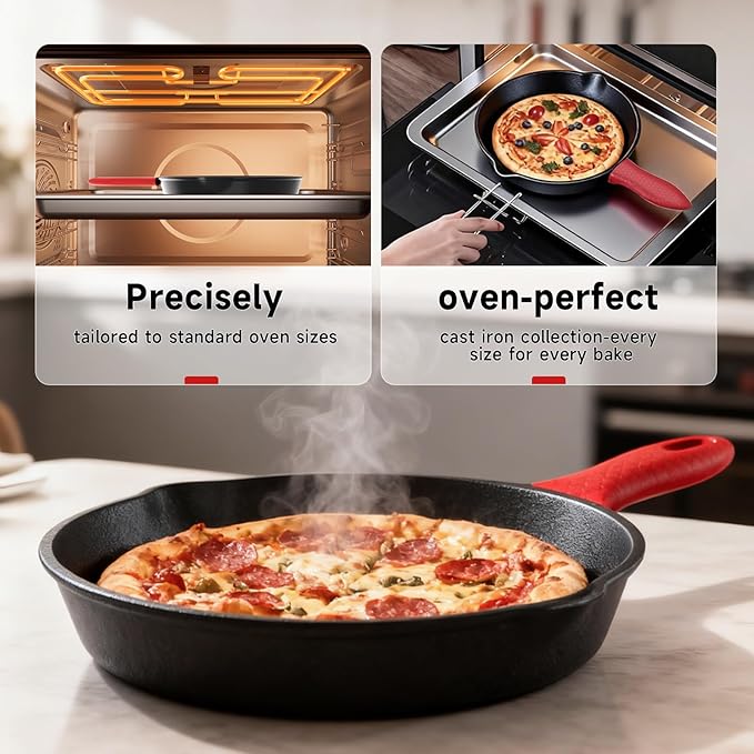 3 piece set, cookware set 6, 8, 10 Inches, for frying, saute, cooking, pizza & more, easy use in the oven, stove, grill, or campfire, black, with silicone heat-resistant cover