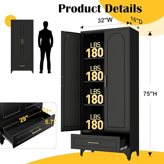 Metal Storage Cabinet with Drawers,75Inch Black Pantry Cabinets for Kitchen Storage with 3 Adjustable Shelves,Tall Kitchen Pantry Cabinet for Living Room, Dining Room竊똎ffice