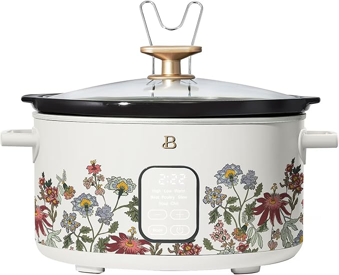 Beautiful 6 Quart Programmable Slow Cooker, 5 Cooking Presets, Digital Countdown Timer, Dishwasher Safe Parts by Drew Barrymore (Wildflower White Icing)