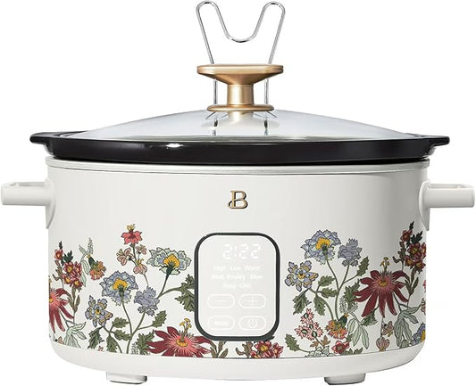 Beautiful 6 Quart Programmable Slow Cooker, 5 Cooking Presets, Digital Countdown Timer, Dishwasher Safe Parts by Drew Barrymore (Wildflower White Icing)
