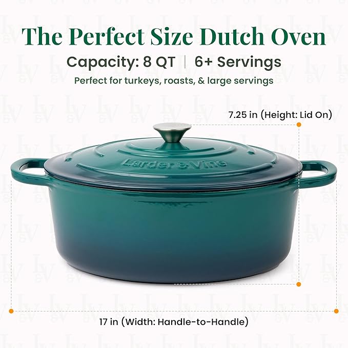 Larder & Vine Enameled Cast Iron 8 qt Dutch Oven Pot with Lid | Bread Baking | Compatible on All Cooktops & Oven Safe to 500째 F | Great for Sourdough Bread | Bondi