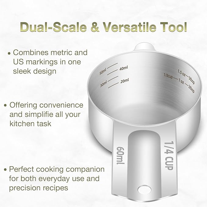 BERYLER 1PCS 1/4Cup (60ml, 2oz) Single Measuring Cup, Etched Inner Scale Stainless Steel Measure Scoop, Metric and US Measurement, Dishwasher Safe