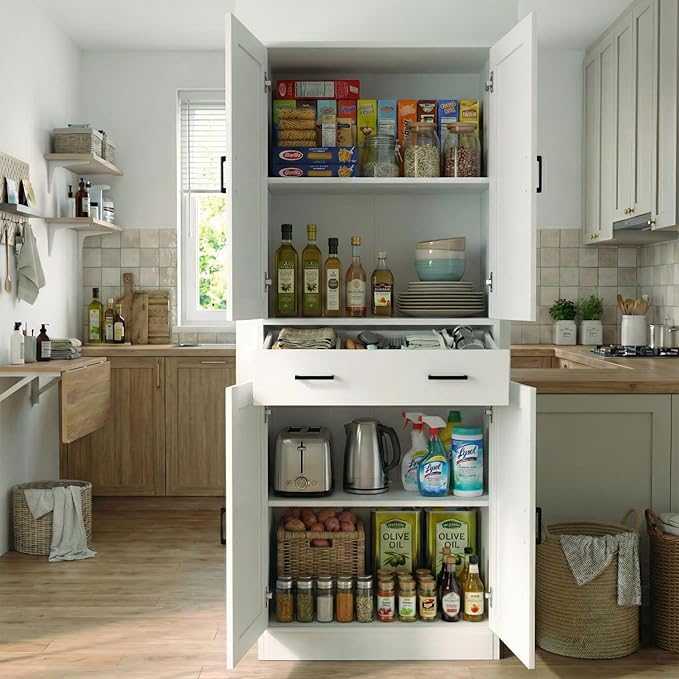 71" Tall Kitchen Pantry Cabinet, Freestanding Storage Cabinet with Drawer and 4 Doors, Large White Utility Floor Cupboard with Adjustable Shelves for Dining Room, Bathroom, Home Office