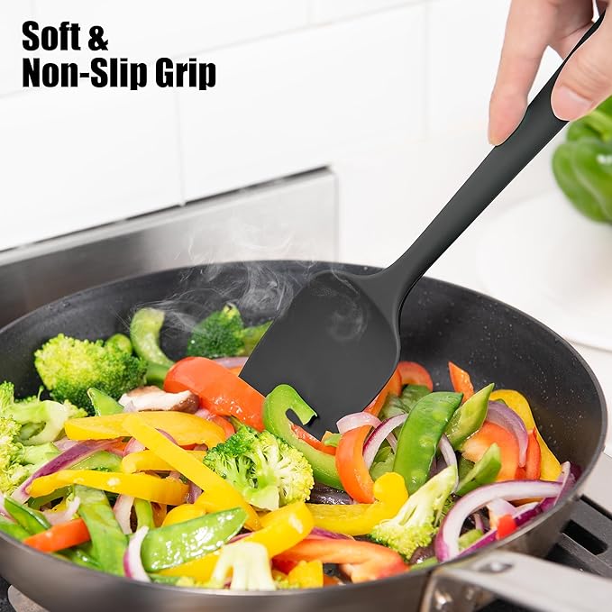 Heat Resistant Silicone Spoon Spatula, Doosu 600째F High Temp Flexible Cooking Spoons Kitchen Rubber Spoonula Scratch-Proof for Mixing Stirring Scraping Serving Non-Stick Cookware (11.4in, Black)