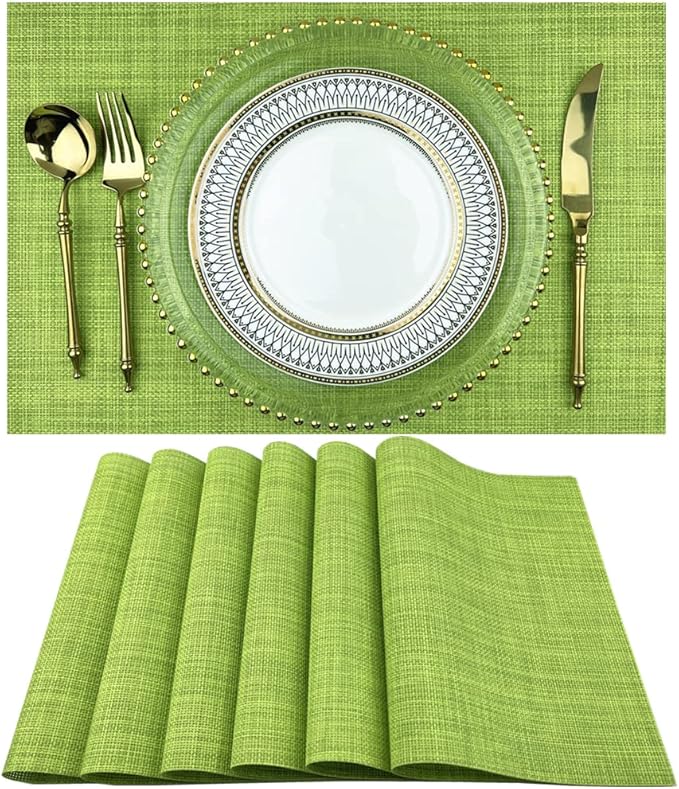 WAZAIGUR Placemats,Easy to Clean Crisscross Woven Vinyl Place Mats Durable Non-Slip Heat Resistant Table Mats,Placemats for Kitchen Table (Green, 6)