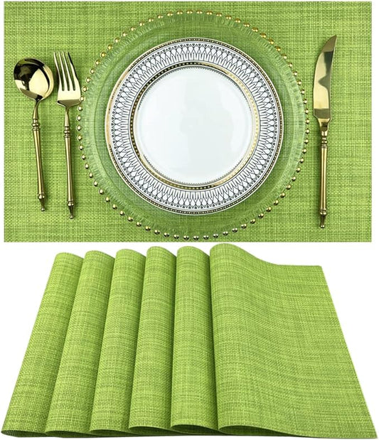 WAZAIGUR Placemats,Easy to Clean Crisscross Woven Vinyl Place Mats Durable Non-Slip Heat Resistant Table Mats,Placemats for Kitchen Table (Green, 6)