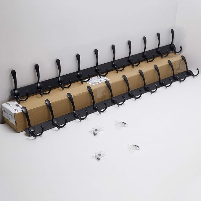 Dseap Coat Rack Wall Mount - 38??Long 10-Tri-Hooks Heavy Duty Coat Hanger Rail Wall Hooks for Hanging Coats Hats Clothing Clothes Purse Mudroom Entryway, Black, Pack of 2
