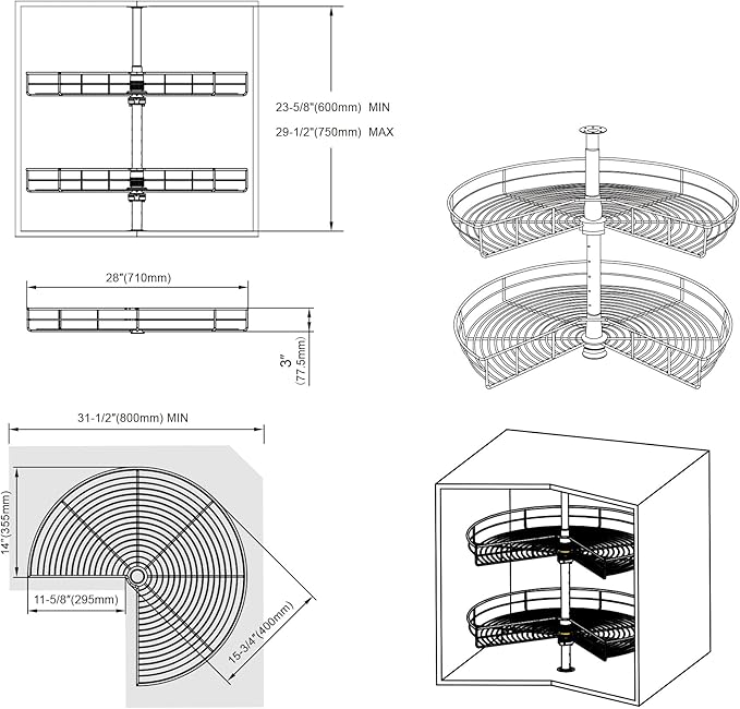 Dowell Base Cabinet Kidney Shape Dia.28 270째 Lazy Susan, 2 Shelves, Kitchen Base Corner Cabinet Organizer (Chrome 4001 270 28)