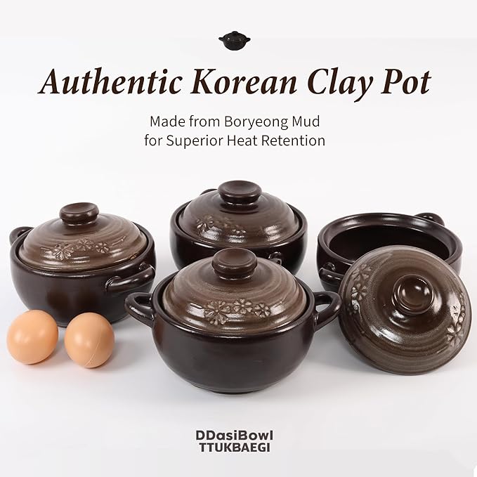 ??4-Pack Korean Clay Pots (17oz / 500ml) with Lids & Handles ??Ttukbaegi Stone Bowls for Cooking Bibimbap, Donabe Style Korean Clay Cookware ??Oven & Stovetop Safe