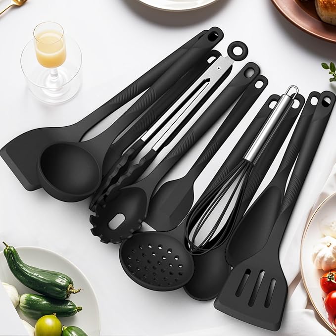 Silicone Cooking Utensils Set - 600째F Heat Resistant, Nonstick Kitchen Utensil Set with Spatulas, Spoons, Whisk, Tongs, BPA Free, Dishwasher Safe, Black