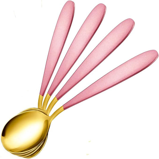 18/10 Stainless Steel Soup Spoons, 7.3-in Deep Round Soup Thick Pink Gold Gifted Spoons, Suitable for Cereal Bouillon Milk Soup Hot Chocolate Dinner Guest, Pack of 4
