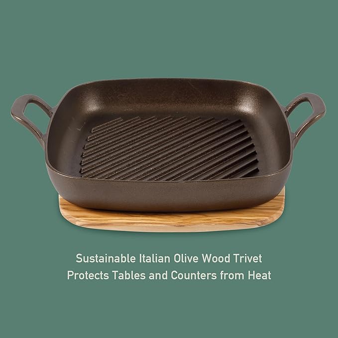 Bloomhouse - Two Time Oprah's Favorite Things Winner - Natural Bronze Finish 12" Square Cast Iron Grill Pan ??Olive Oil Treated Surface w/Dual Handles & Olive Wood Trivet, Oven Grill Campfire Safe