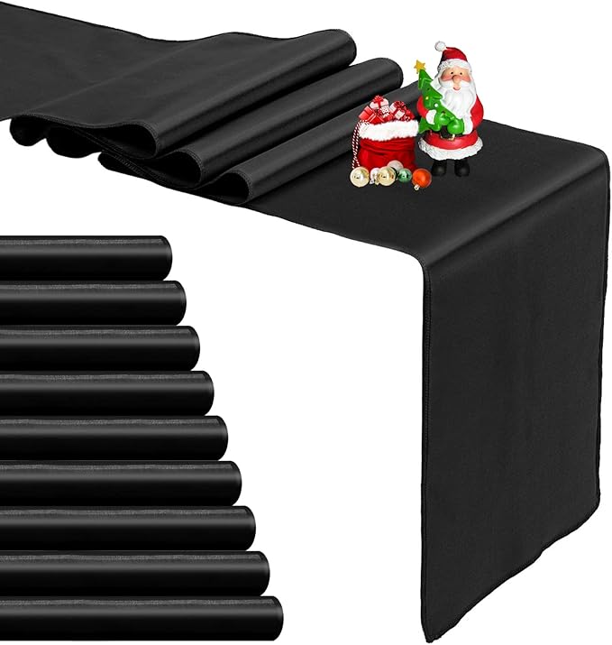 10-Pack Black Satin Table Runner 12 x 108 Inch Long Bright and Smooth Silk Fabric Table Runner for Wedding Banquet Birthday Party Decoration