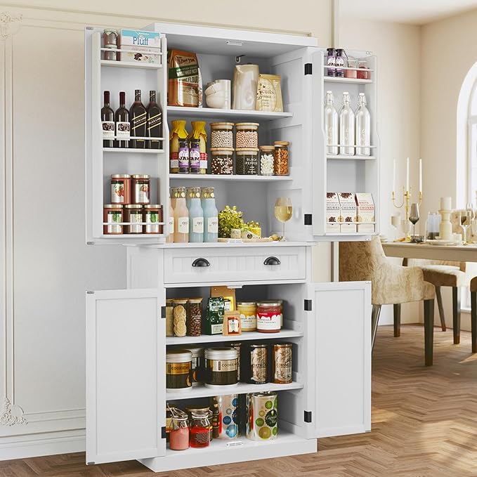 ARTPOWER 72" Pantry Storage Cabinet with Drawer, Freestanding Tall Cupboard Storage Cabinet, Utility Pantry with Door Shelves and 2 Adjustable Shelves for Kitchen, Dining Room,Living Room, White